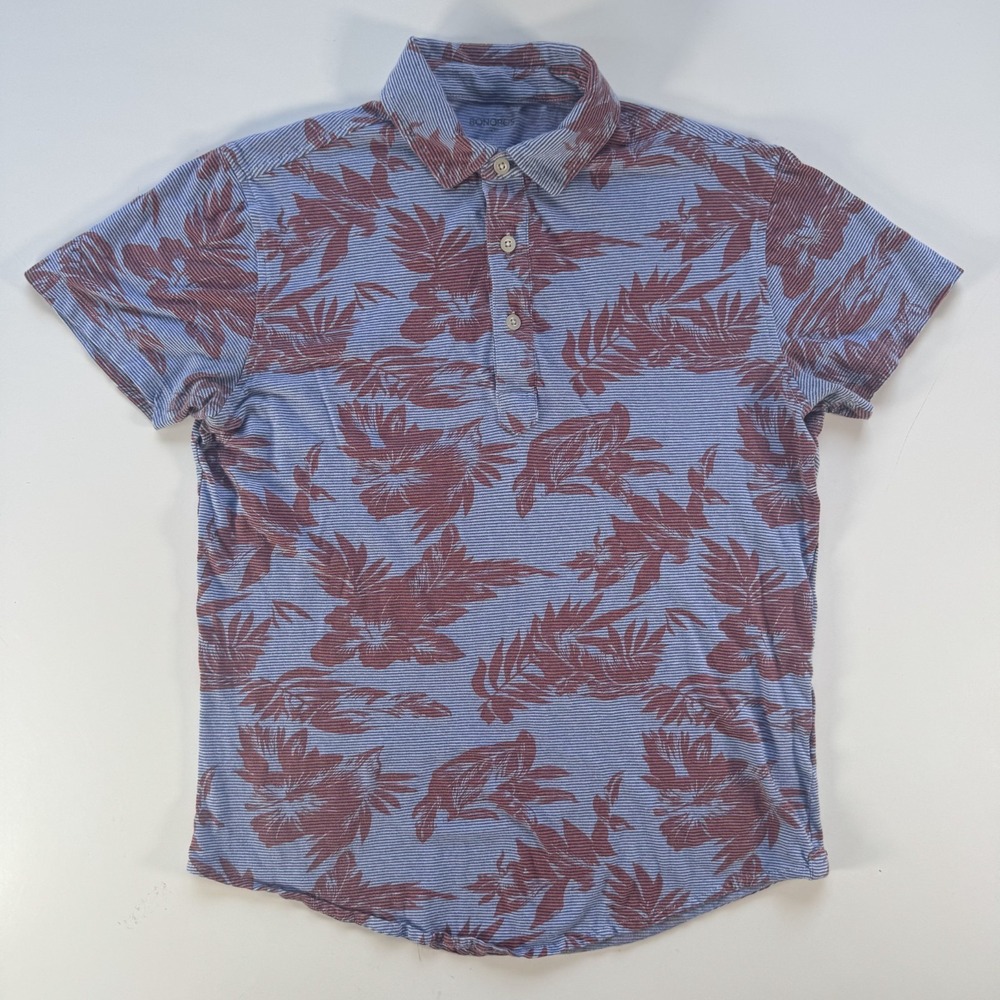 BONOBOS Floral Palm Short Sleeve Polo Shirt Mens Small Slim Striped Blue Red